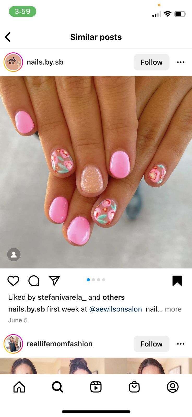 Playful Pastel Pink Floral Nail Design with Glitter Accent for Spring/Summer.