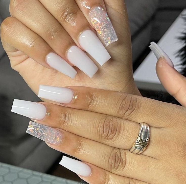 Sophisticated Long Square Nails with Glossy White and Holographic Sparkle Accents