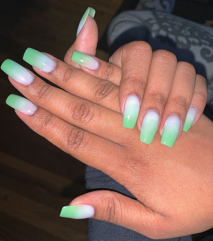 Elegant Ombre Nail Design with Fresh Green Gradient and Translucent White Tips