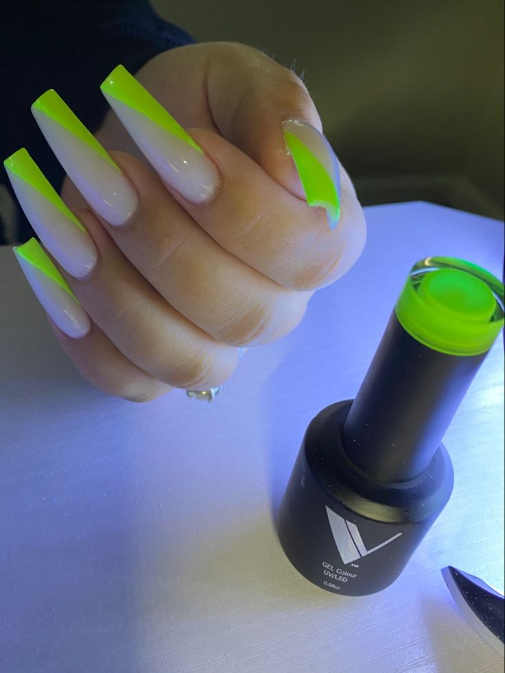 Trendy Stiletto Nail Design in Soft Pink and Neon Green with Glossy Finish