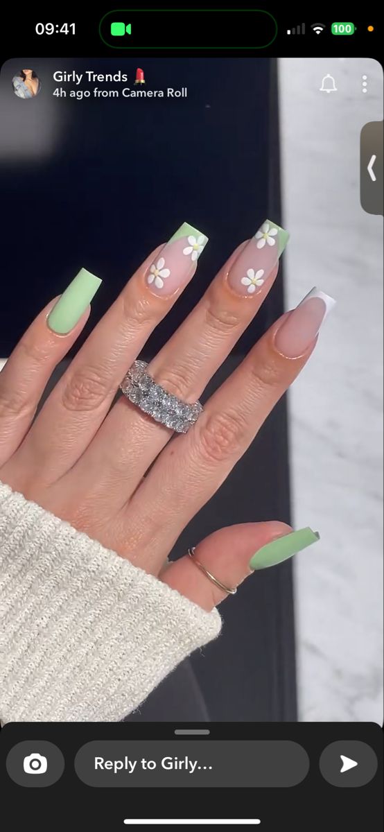 Whimsical Pastel Nail Design with French Tips and Floral Accents