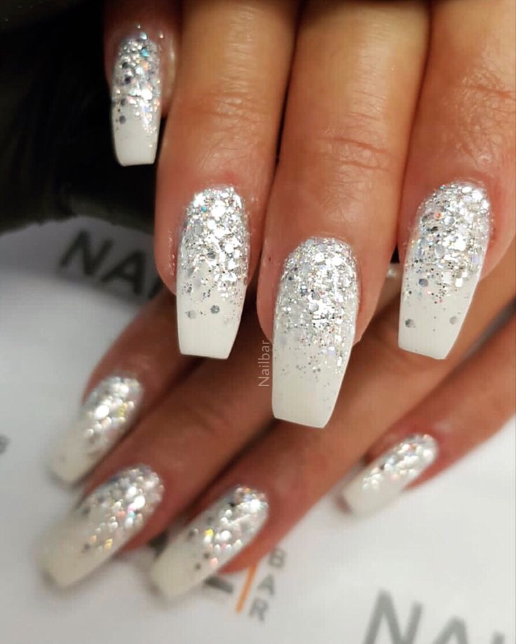 Sophisticated Long Squared Nails with Glossy White Tips and Sparkling Glitter Gradient.