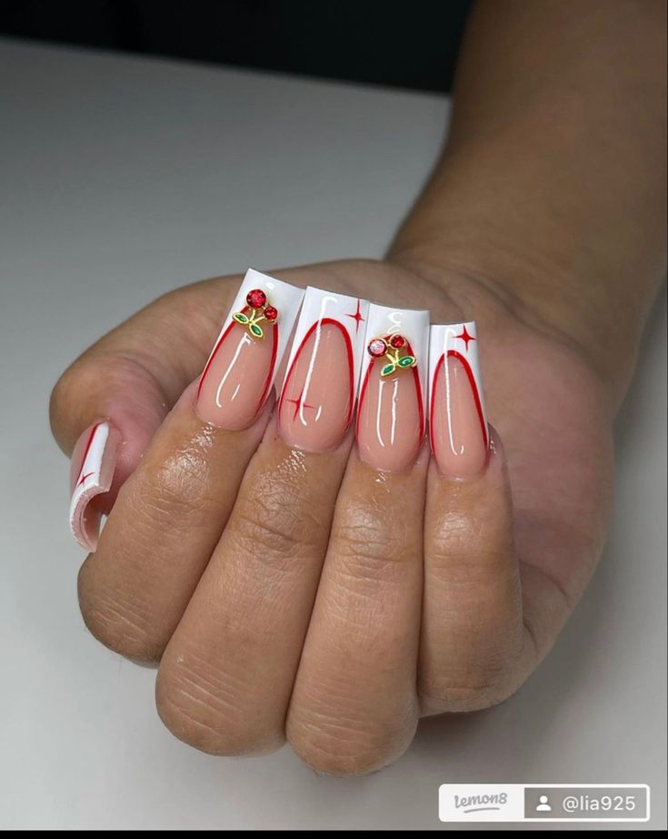 Chic Seasonal Nail Design with Clear Base, White Tips, Red Lines, and Floral Accents.