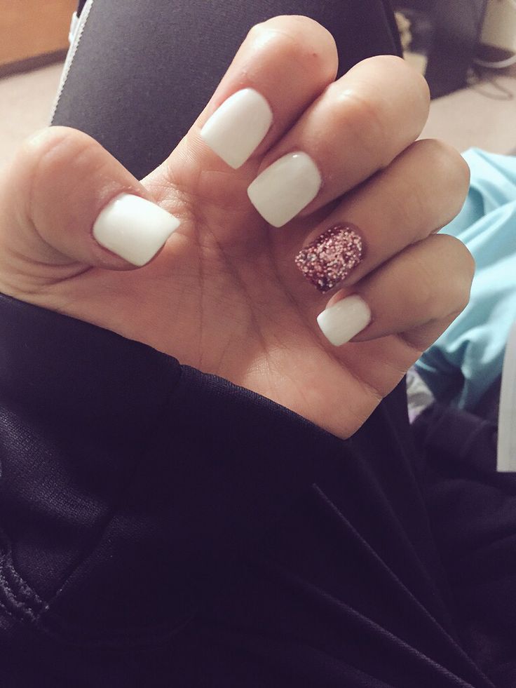 Chic White Nail Design with Sparkling Rose Gold Accent