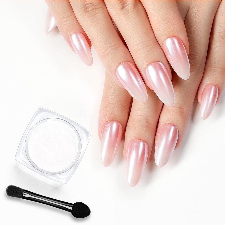 Sophisticated Almond-Shaped Ombre Nails with Glossy Finish and Shimmering Powder.