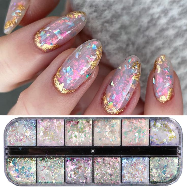 Ethereal Nail Design: Translucent Glitter and Gold Accents with Iridescent Flakes for Creative Customization.