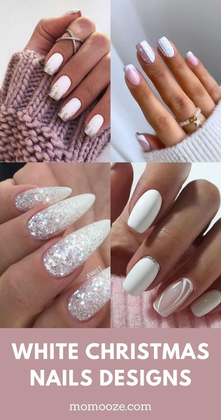 Festive French Tip Nail Designs with Glossy White and Sparkling Accents for the Holiday Season.