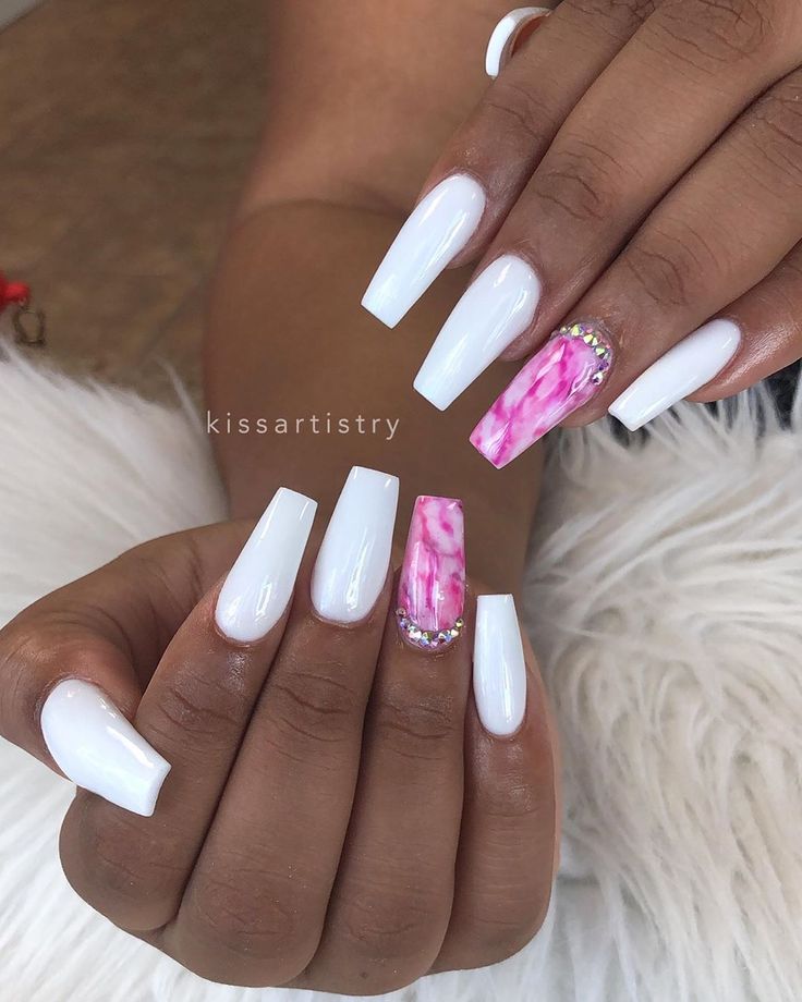 Elegant Almond-Shaped Nail Design with Glossy White Finish and Pink Marble Accent.