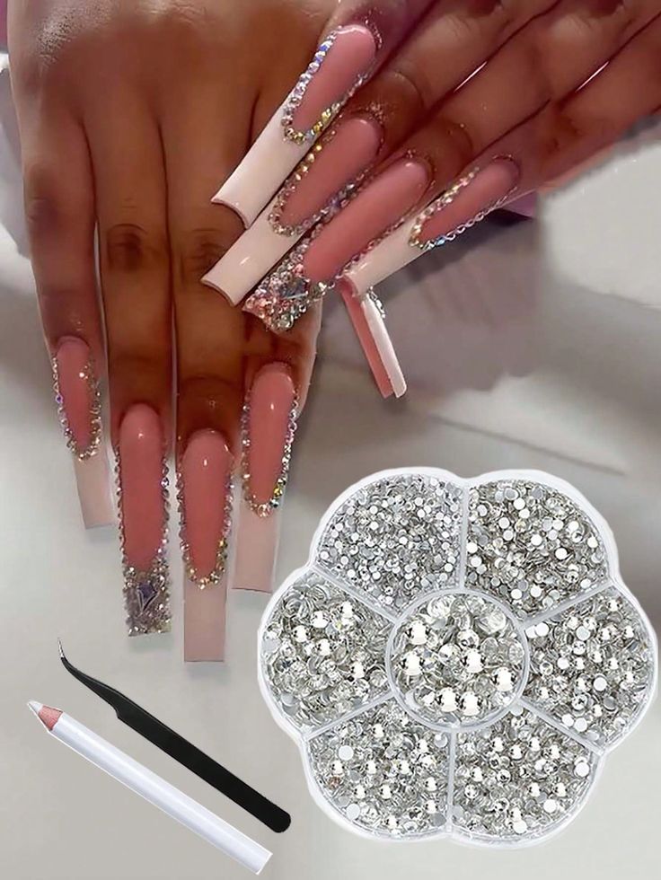 Elegant Long Square Nails with Soft Pink Base and Glitter Accents