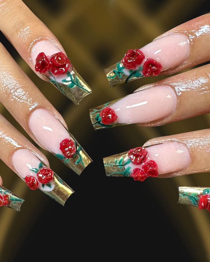 Elegant Floral Nail Design with 3D Red Roses and Gold Accents on a Nude Base.