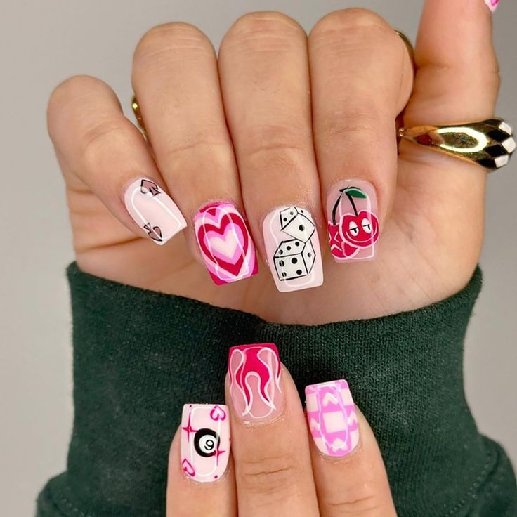 Playful and Trendy Vibrant Nail Design with Colorful Patterns.