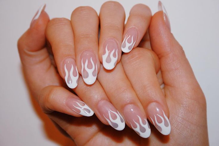 Bold Flame-Inspired Nail Design with Glossy White Tips and Gradient Flames