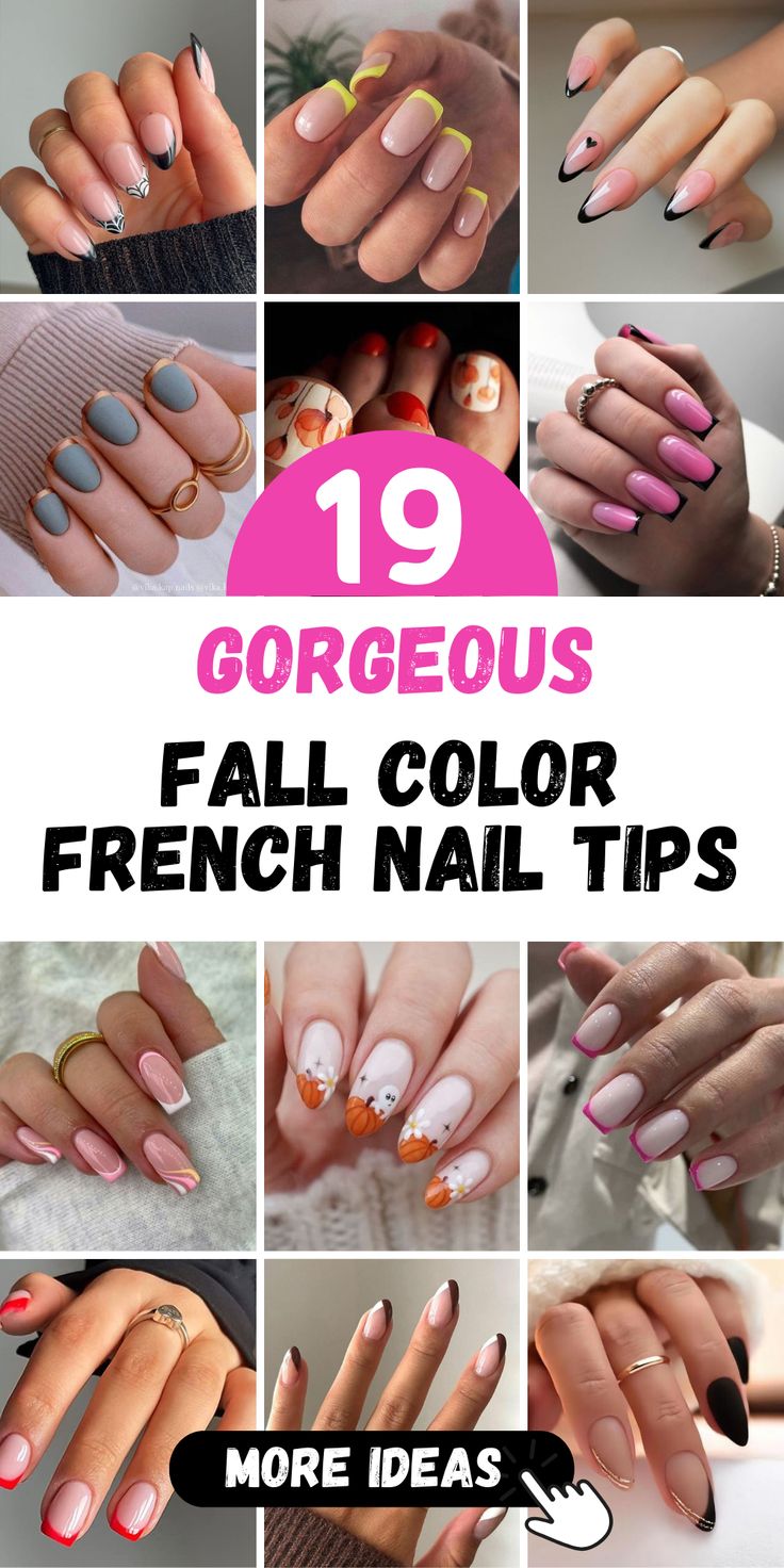 Elegant Fall-Inspired French Nail Designs with Vibrant Autumn Colors and Unique Embellishments