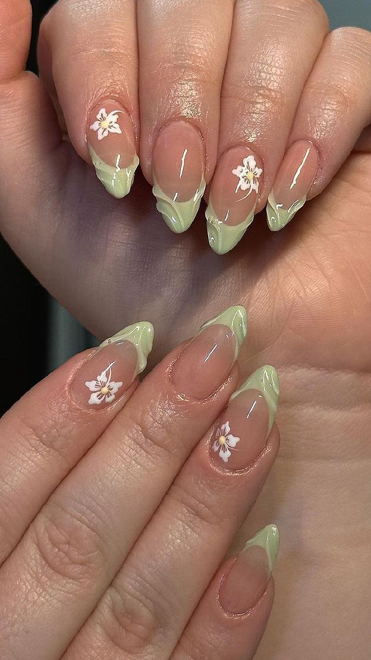 Elegant Floral French Tips with Soft Green Ombre on Almond-Shaped Nails