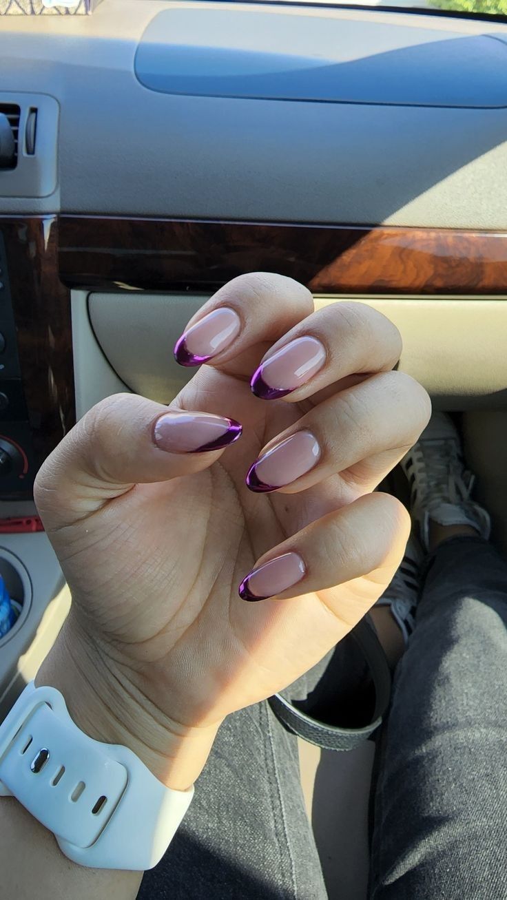 Chic French Tip Manicure: Soft Nude Base with Bold Purple Tips