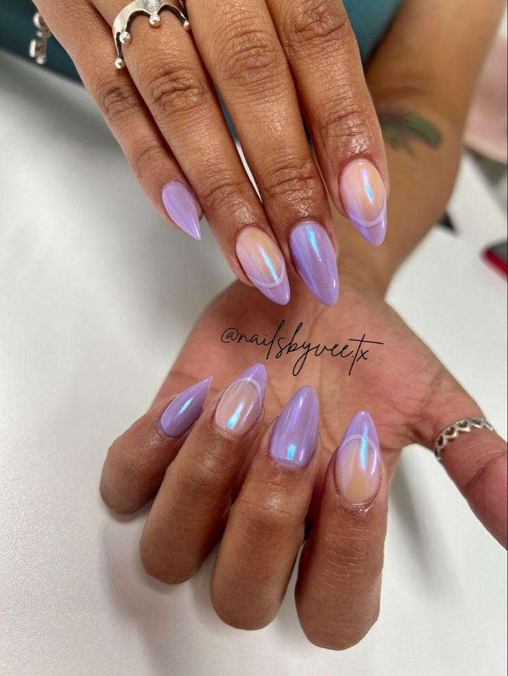 Chic Lavender Nail Design with Glossy Finish and Iridescent Accents