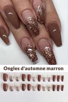 Autumn-Inspired Elegant Nail Design with Warm Brown Gradient and Glitter Accents.