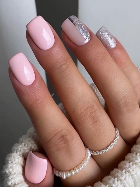 Chic Soft Pink and Shimmering Silver Nail Design with Modern Square Accents.