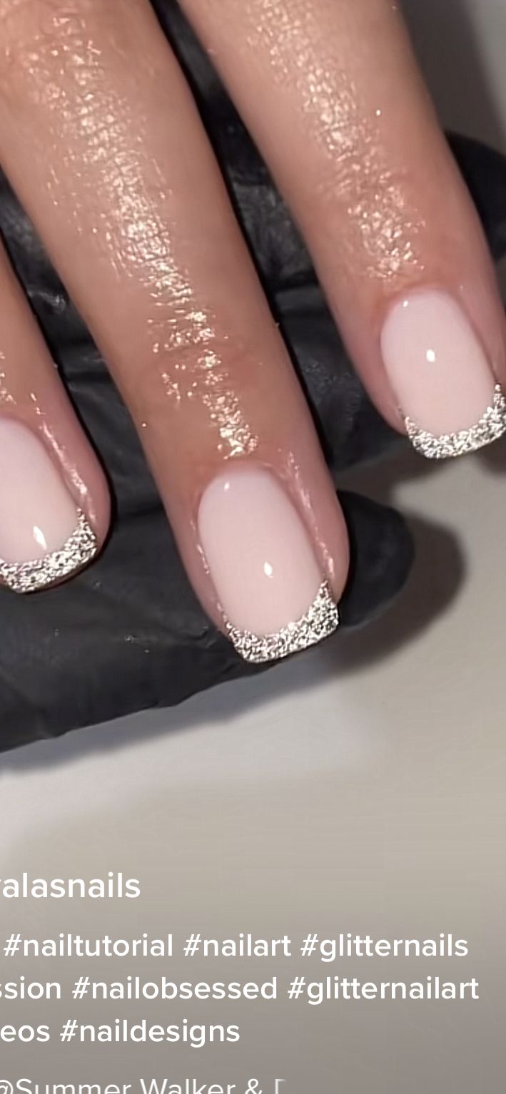 Elegant Sparkling French Tips on a Soft Nude Base for Versatile Glamour.