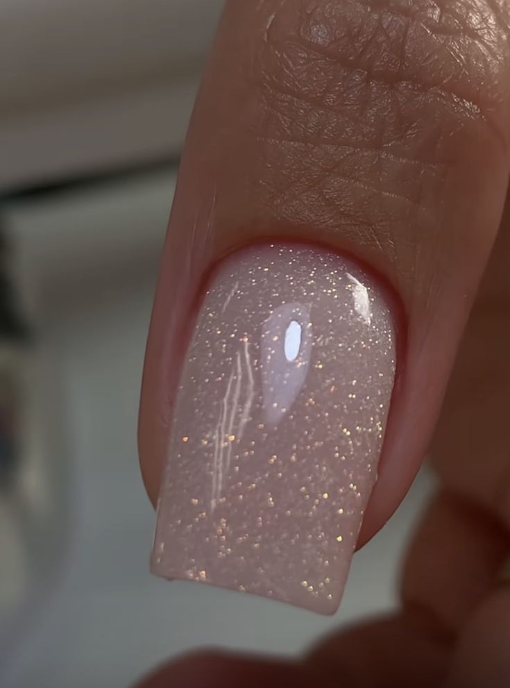 Elegant Glittery Nude Nail Design with Pearlescent Finish