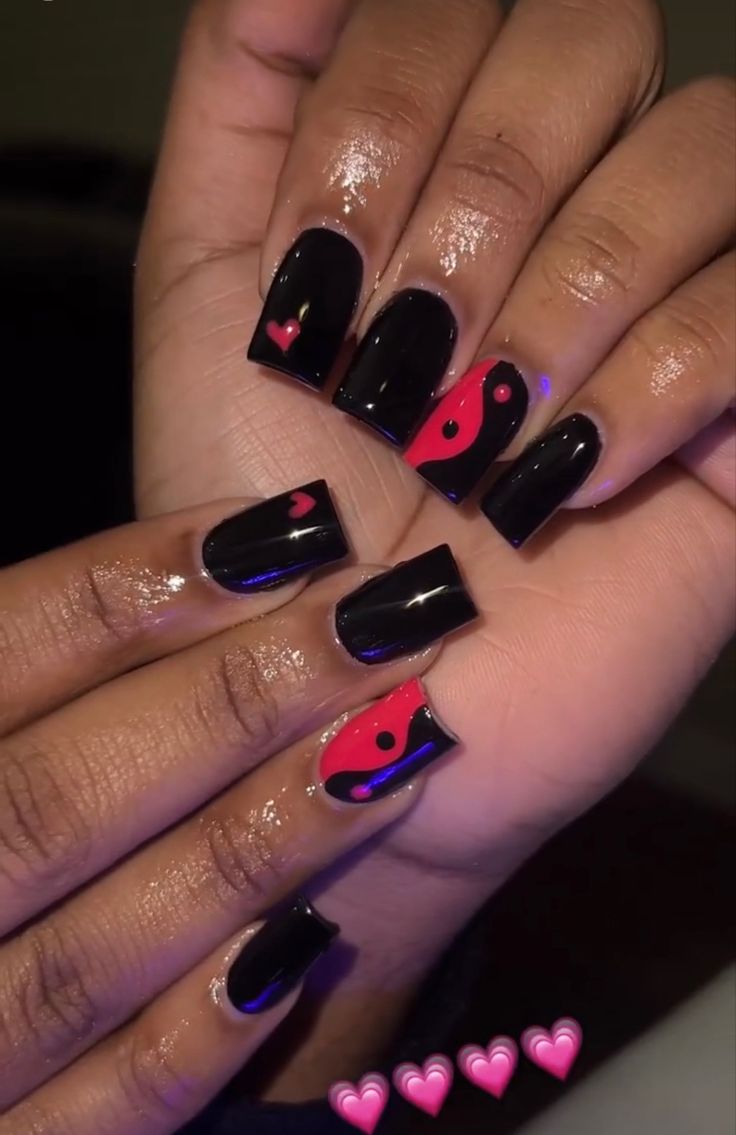 Bold Black and Red Nail Design with Yin-Yang and Heart Motifs