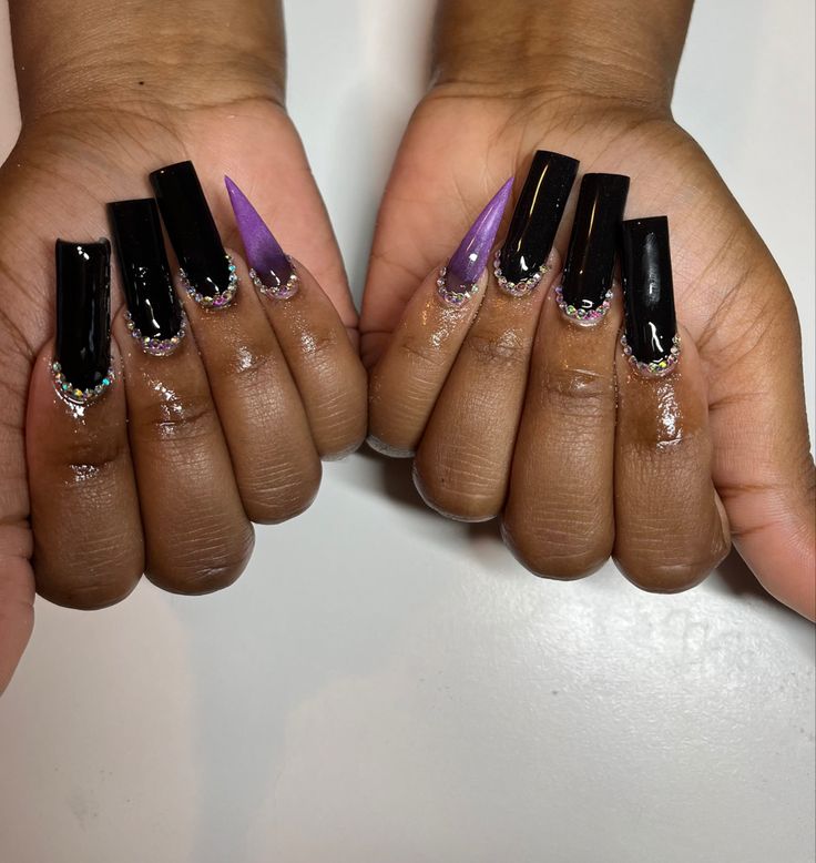 Black And Purple Nails With Diamonds