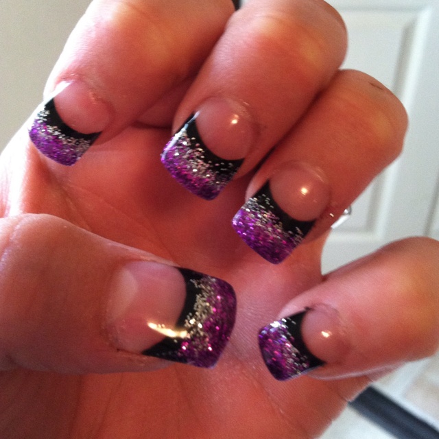 Chic Purple and Black Glitter Ombre French Tip Nail Design.