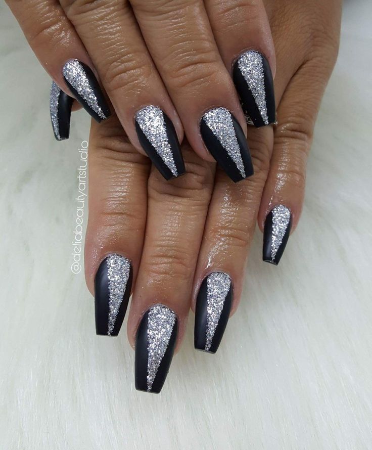 Edgy Glam: Black and Silver Glitter Geometric Nail Design