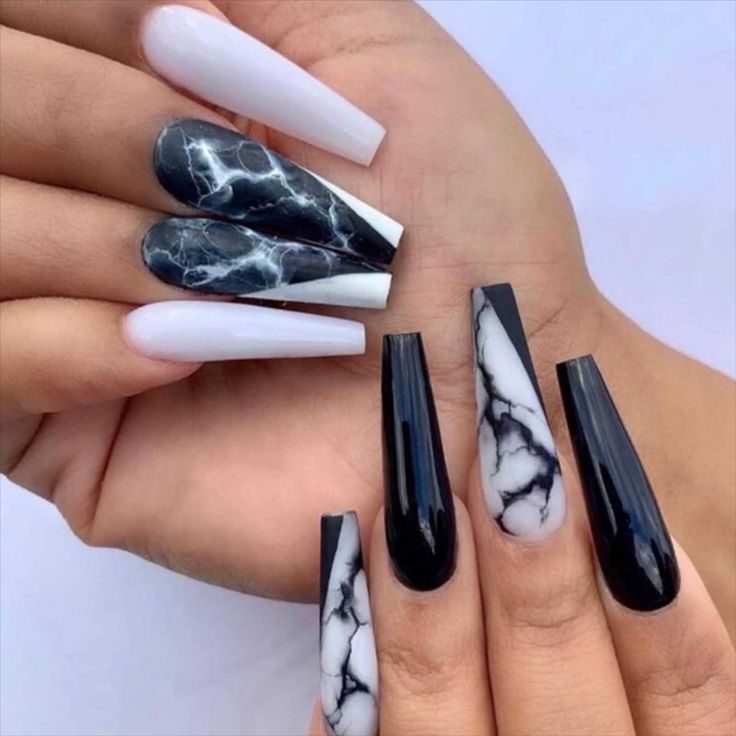 Elegant Black, White, and Gray Marbled Nail Design with Glossy Finish