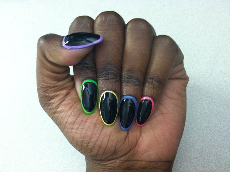 Modern Vibrant Nail Design: Sleek Black Base with Bold Colorful Accents