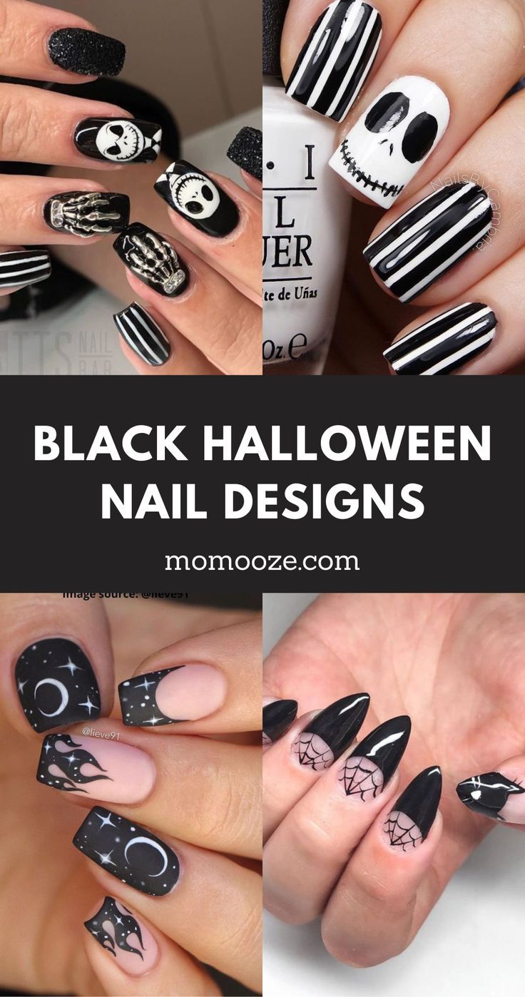 Creative Spooky Halloween Nail Designs Featuring Classic Motifs and Bold Patterns.