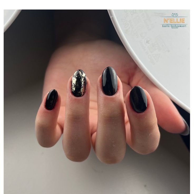 Chic Black Nail Design with Glossy, Matte Finishes and Luxurious Gold Accent.