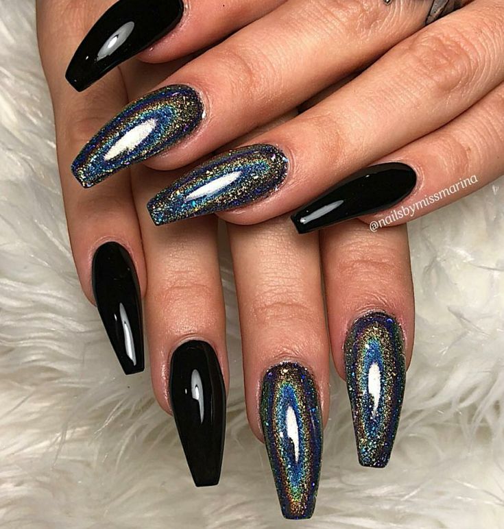 Dramatic Bold Nail Design with Glossy Black and Sparkling Holographic Elements