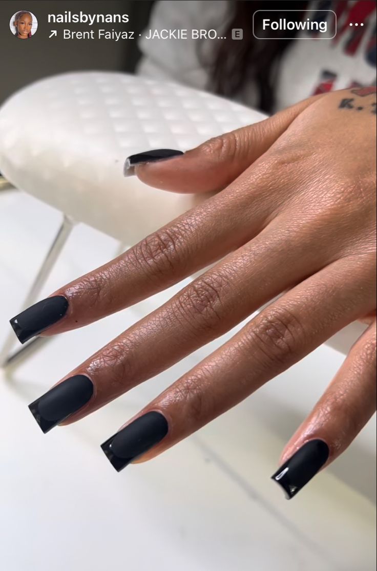 Striking Sleek Black Nails with Elegant Tips: A Bold Statement of Modern Aesthetics.