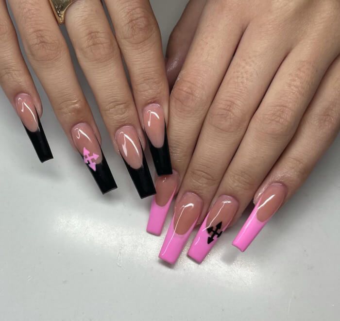 Bold Acrylic Nail Design: Modern Mix of Black, Pink, and Nude Colors