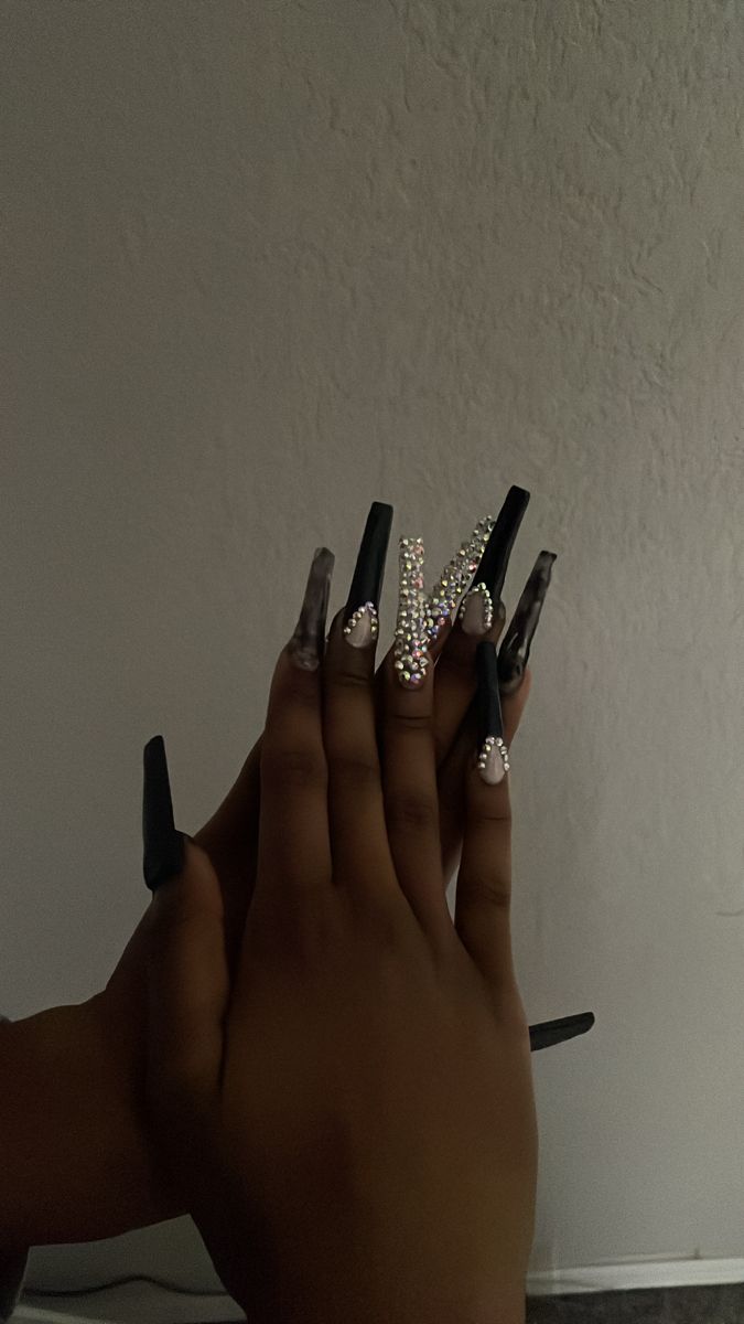 Edgy Glam: Stylish Long Matte Black and Glossy Nails with Rhinestones and Intricate Art