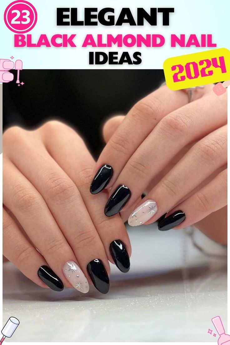 Sophisticated Black Almond Nails with Whimsical Star Accents.