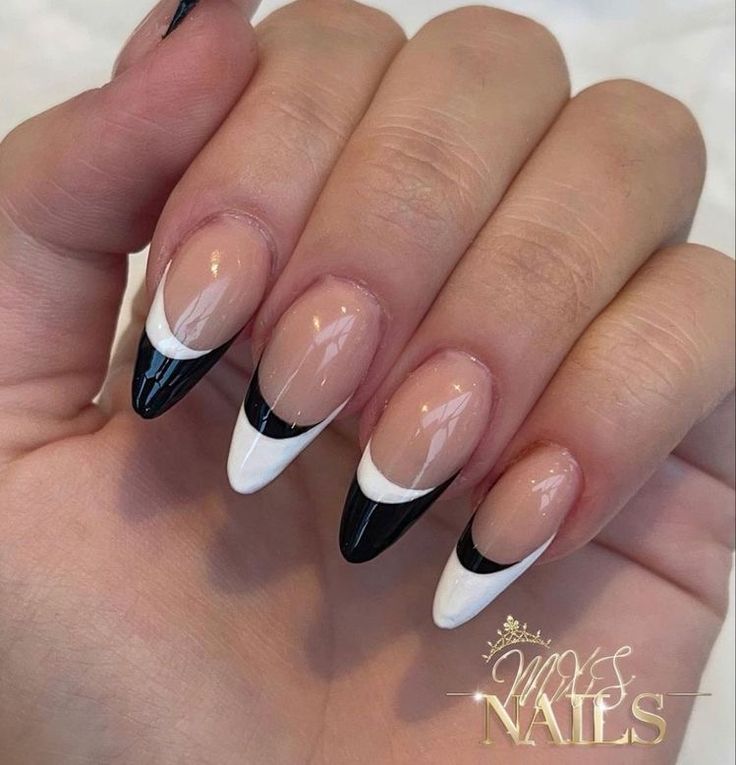 Chic Black and White Alternating French Tip Nail Design for Sophisticated Elegance.