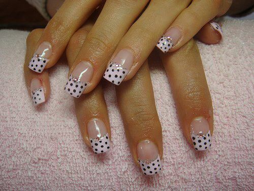 Elegant Chic Polka Dot Nail Design with Soft Pink Base and Stylish White Tips