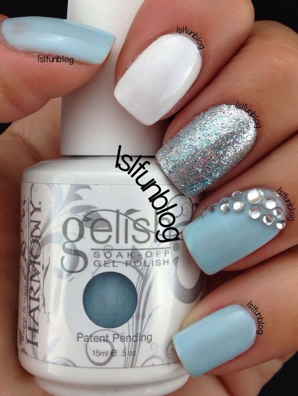 Chic Pastel Nail Design with Soft Blue, White, and Shimmering Silver Accents.