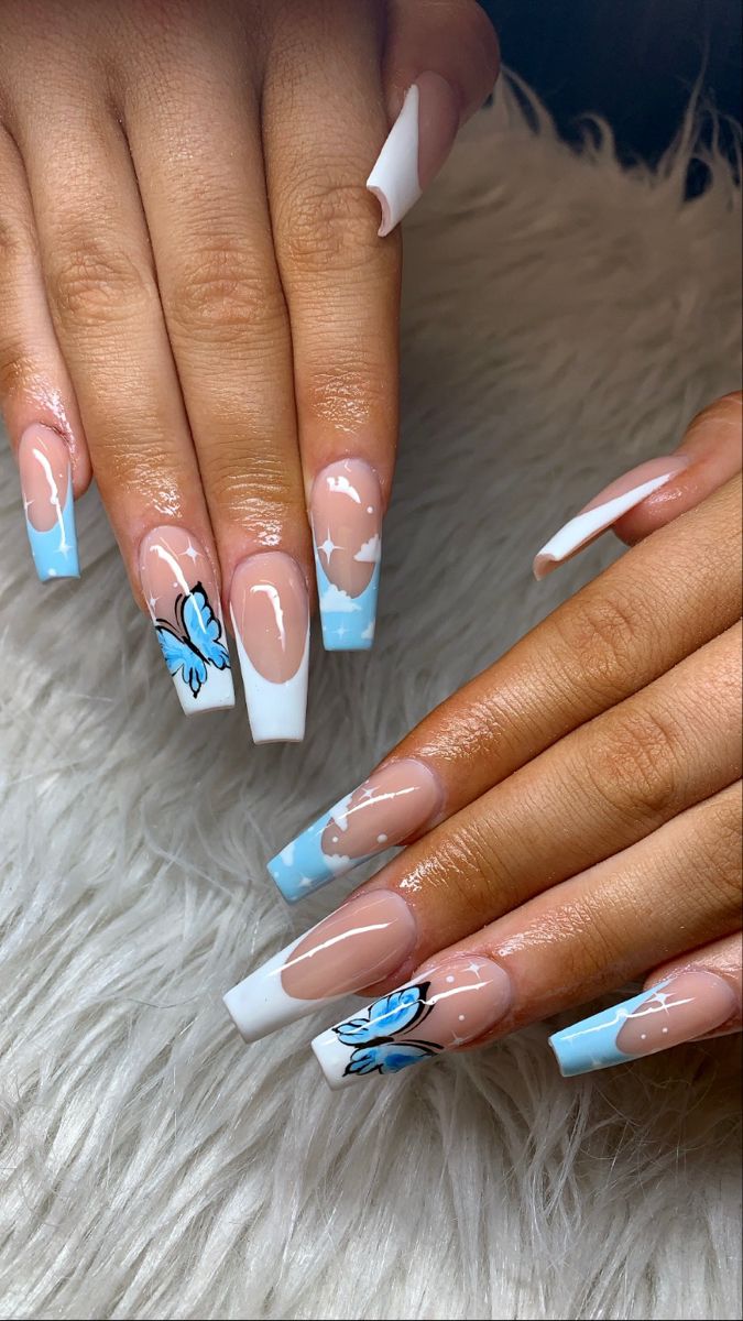 Chic Pastel Nail Design with Whimsical Butterflies and Modern Accents