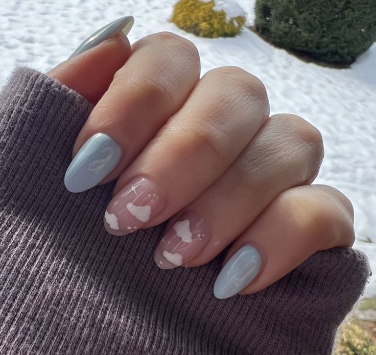 Elegant Nail Design with Soft Gray, Pastel Tones, and Playful Heart Accents.