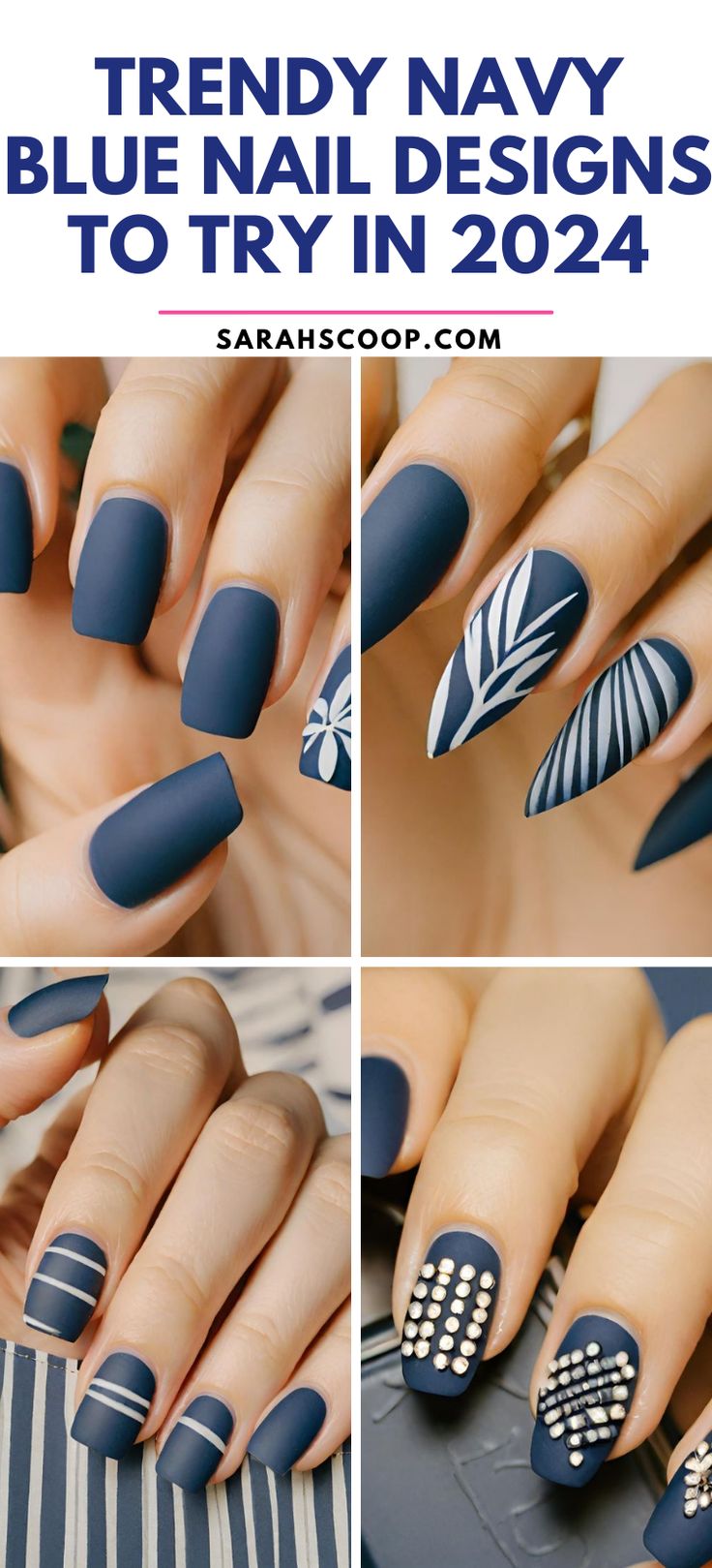 Elegant Navy Blue Nail Designs Featuring Modern Matte and Glossy Finishes with Intricate Patterns.