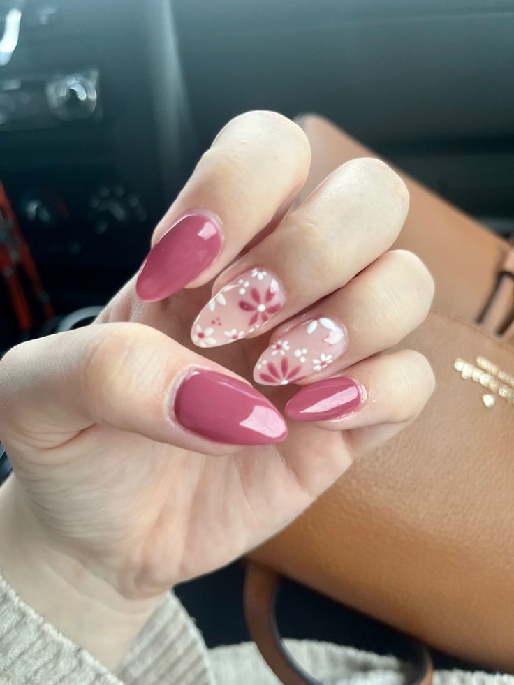 Elegant Almond-Shaped Chic Nail Design in Deep Rose and Soft Pink with Floral Accents