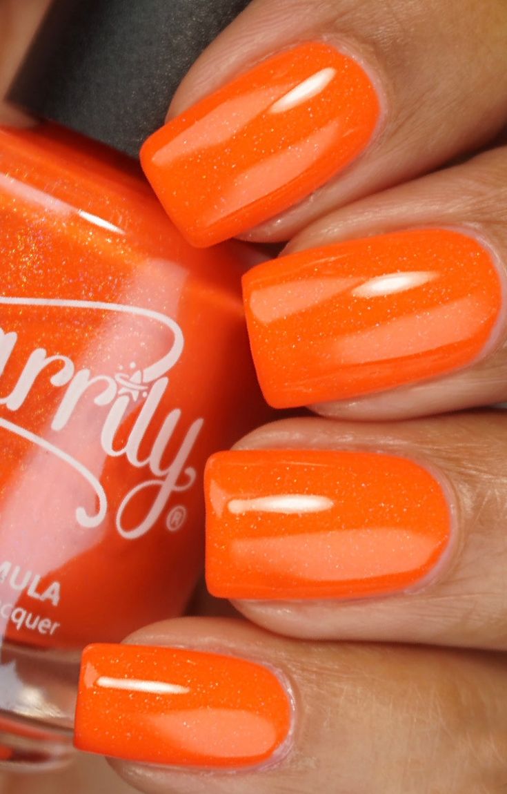 Eye-Catching Glossy Orange Nail Design with Subtle Shimmer for Summer Elegance