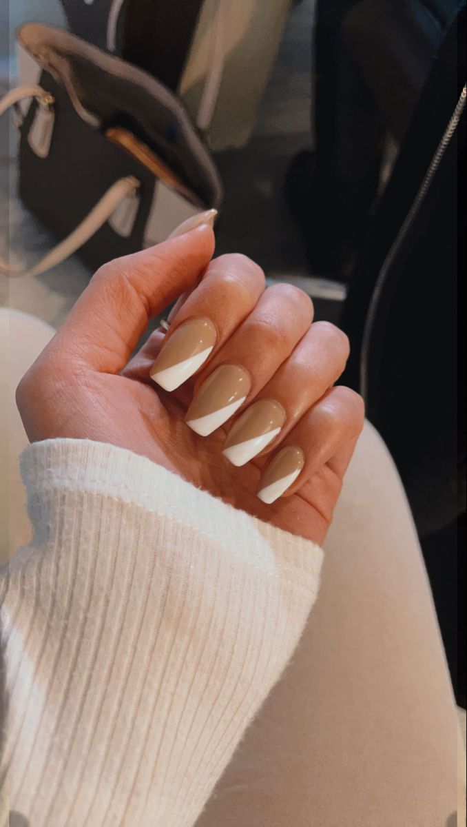 Sophisticated Tapered Nail Design in Neutral Beige and Crisp White.