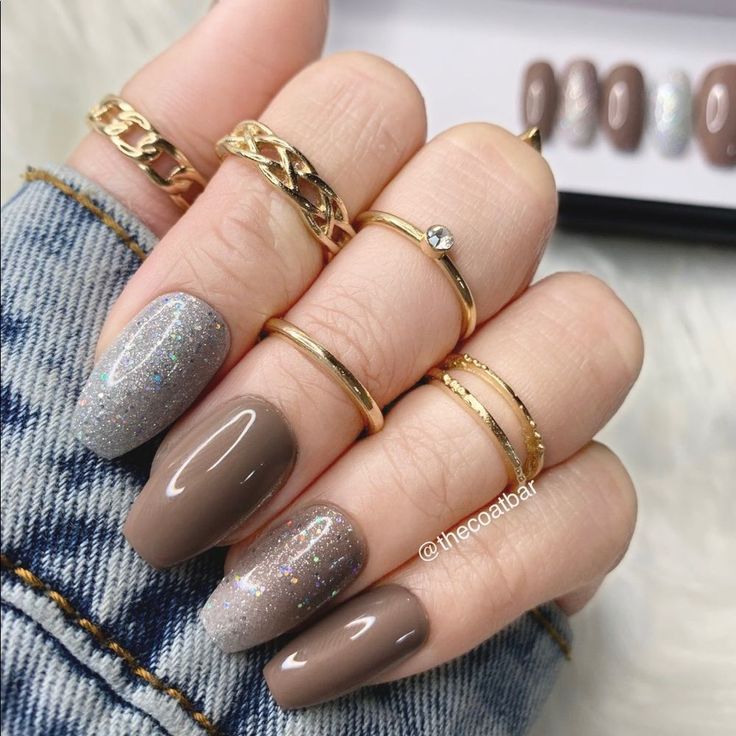 Chic Elegant Nail Design: Muted Browns with Glitter Accents for Effortless Glamour.