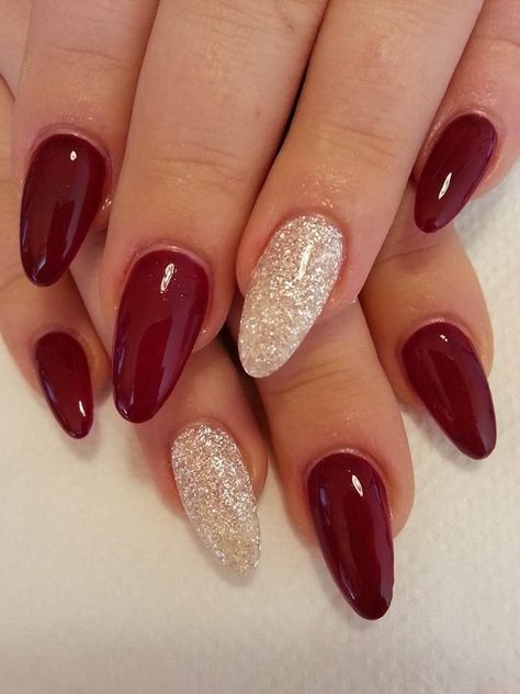 Sophisticated Burgandy Almond-Shaped Nails with Sparkling Champagne Accent.