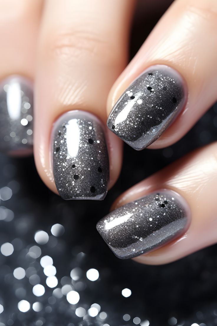 Chic Glittery Gray Nail Design with Elegant Gradient and Playful Black Dots.