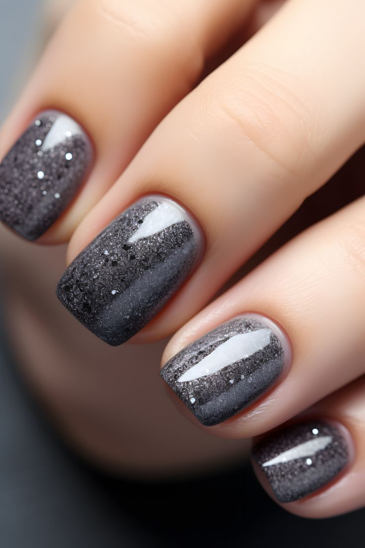 Chic Gray Gradient Nail Design with Glitter Accents for a Glamorous Finish.